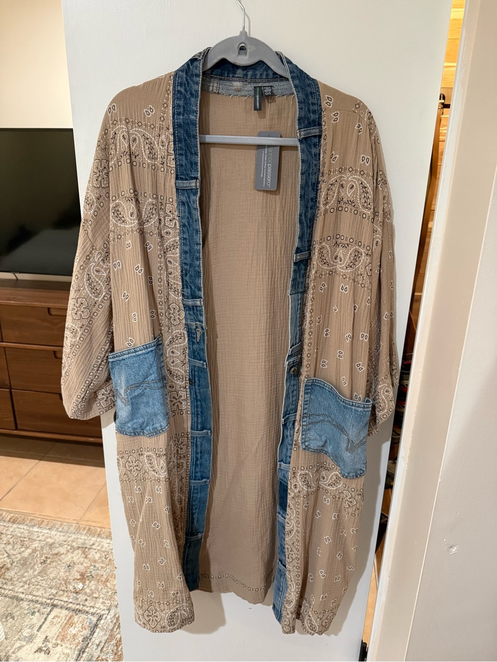 Beige Bandana Print Kimono Coat for with Denim Trim
